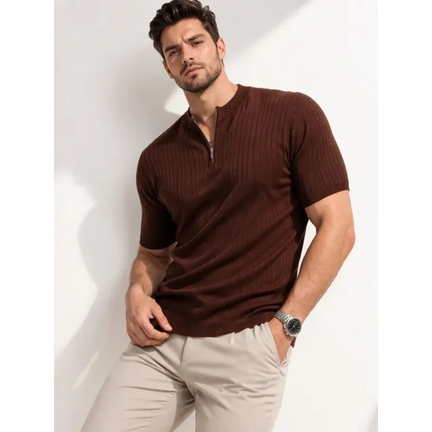 Erkek Kısa Kol Fitilli Triko T-Shirt Yazlık Hakim Yaka Tişört - Kahverengi