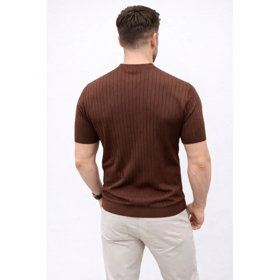 Erkek Kısa Kol Fitilli Triko T-Shirt Yazlık Hakim Yaka Tişört - Kahverengi