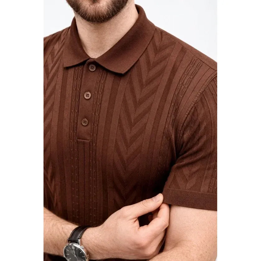 Erkek Yazlık Triko Tişört Kısa Kol Polo Yaka Düğmeli T-Shirt - Kahverengi