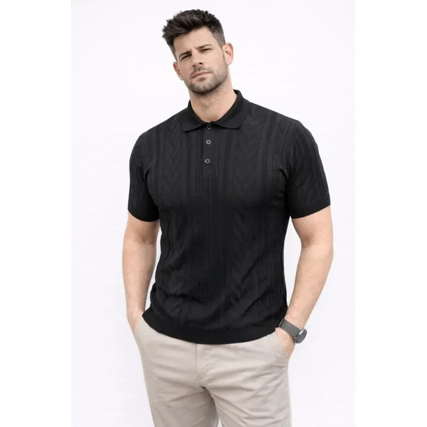 Erkek Yazlık Triko Tişört Kısa Kol Polo Yaka Düğmeli T-Shirt - Siyah
