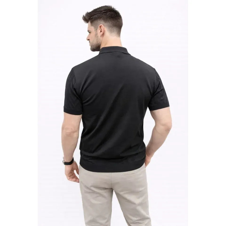 Erkek Yazlık Triko Tişört Kısa Kol Polo Yaka Düğmeli T-Shirt - Siyah