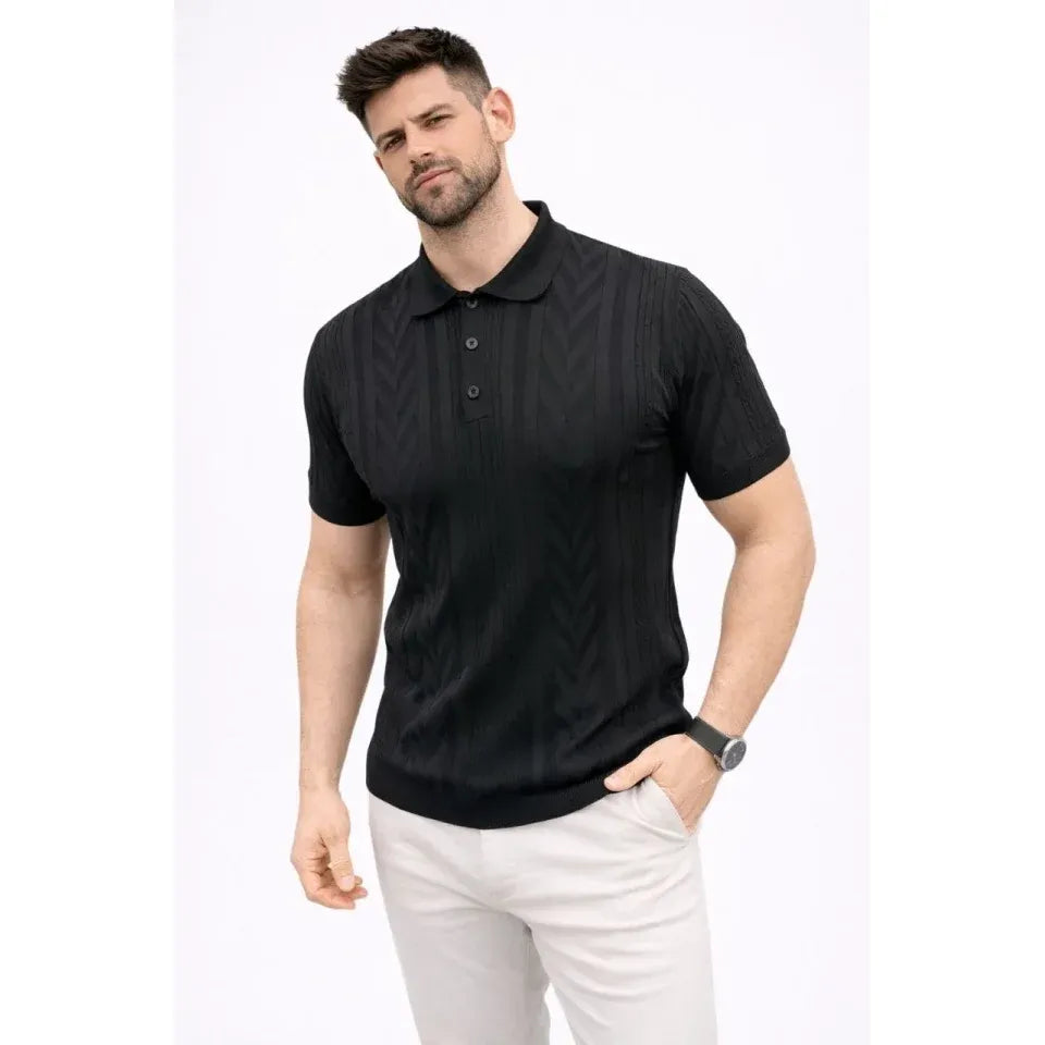 Erkek Yazlık Triko Tişört Kısa Kol Polo Yaka Düğmeli T-Shirt - Siyah