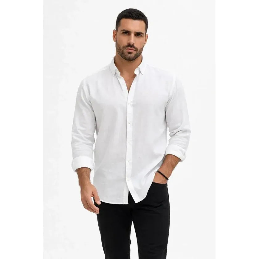 Erkek KETEN Kumaş Oversize Uzun Kollu Rahat Kalıp Gömlek - Beyaz