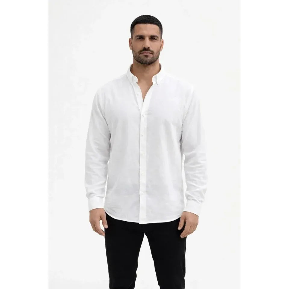 Erkek KETEN Kumaş Oversize Uzun Kollu Rahat Kalıp Gömlek - Beyaz