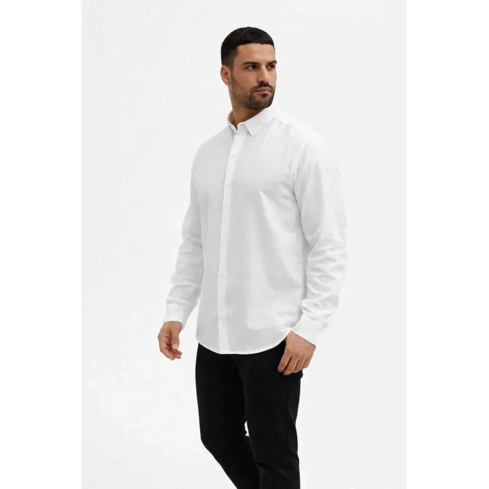 Erkek KETEN Kumaş Oversize Uzun Kollu Rahat Kalıp Gömlek - Beyaz