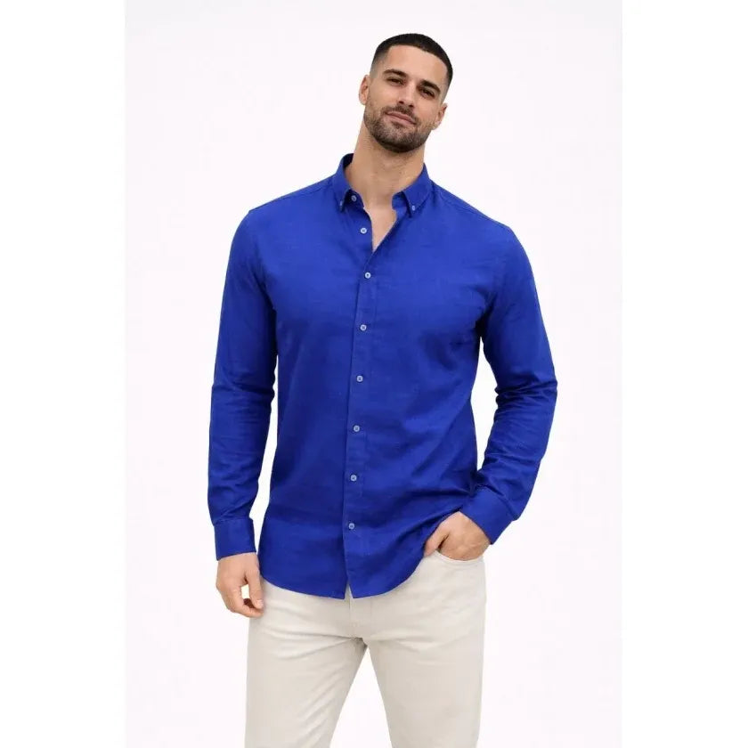 Erkek KETEN Kumaş Oversize Uzun Kollu Rahat Kalıp Gömlek - Saks Mavisi