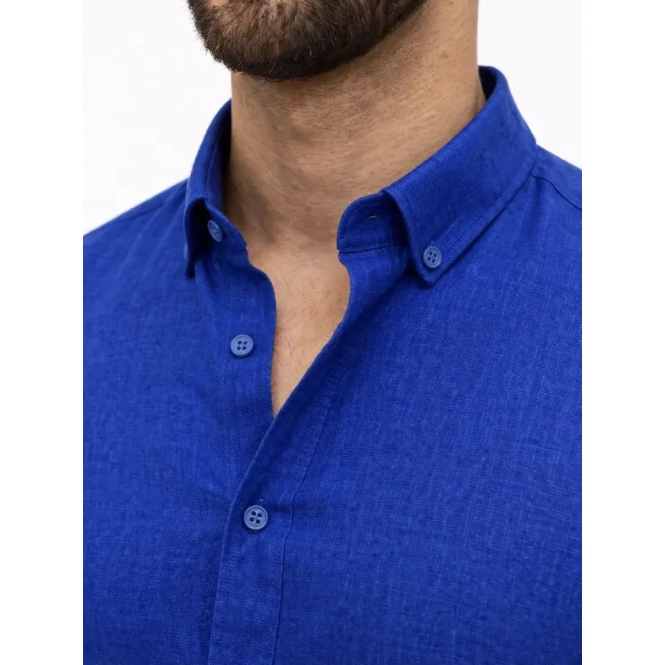Erkek KETEN Kumaş Oversize Uzun Kollu Rahat Kalıp Gömlek - Saks Mavisi