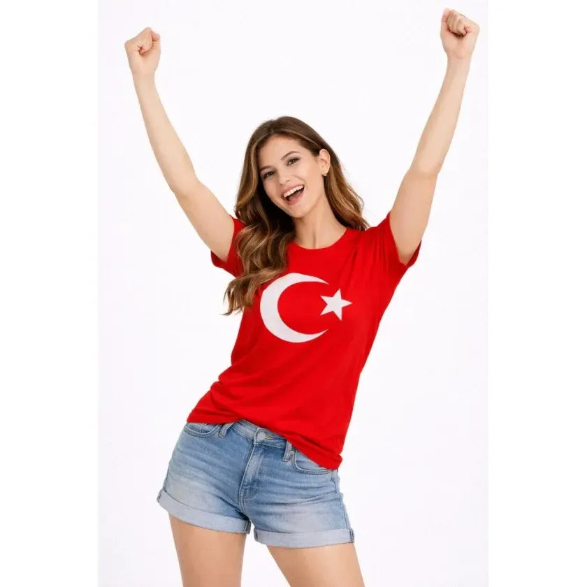 T-Shirt Kısa Kol Bisiklet Yaka Ay Yıldız Bayrak Baskılı Tişört - Kırmızı