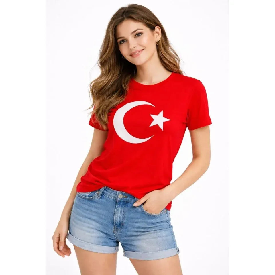 T-Shirt Kısa Kol Bisiklet Yaka Ay Yıldız Bayrak Baskılı Tişört - Kırmızı