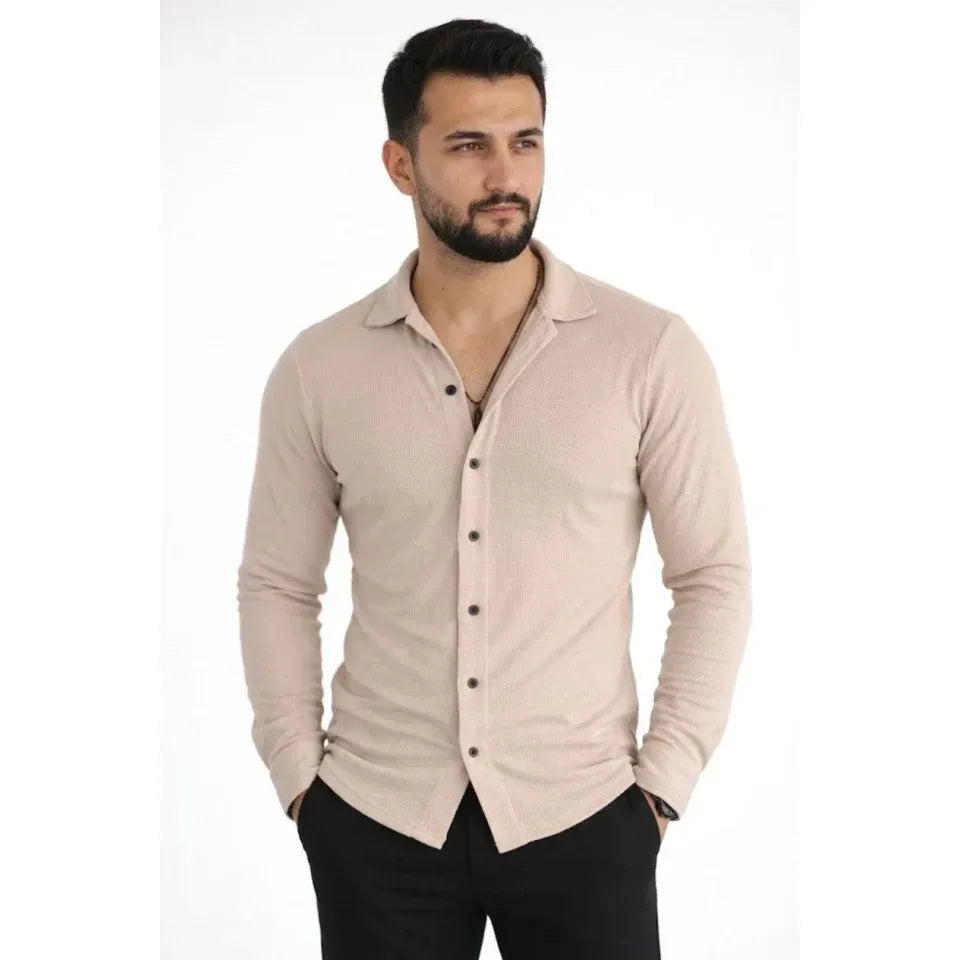 Erkek Waffle Kumaş Uzun Kollu Düğmeli Açık Yaka Regular Fit Gömlek - Bej