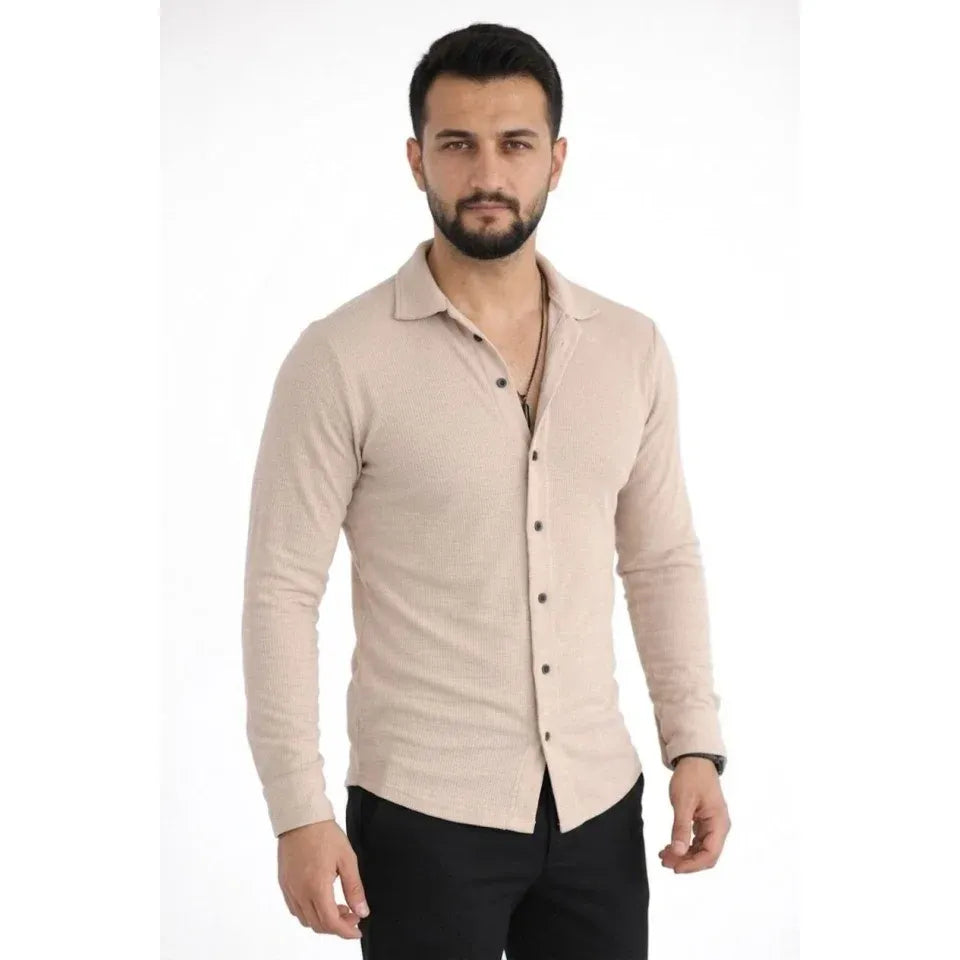 Erkek Waffle Kumaş Uzun Kollu Düğmeli Açık Yaka Regular Fit Gömlek - Bej