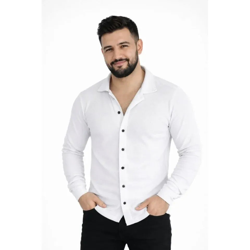 Erkek Waffle Kumaş Uzun Kollu Düğmeli Açık Yaka Regular Fit Gömlek - Beyaz