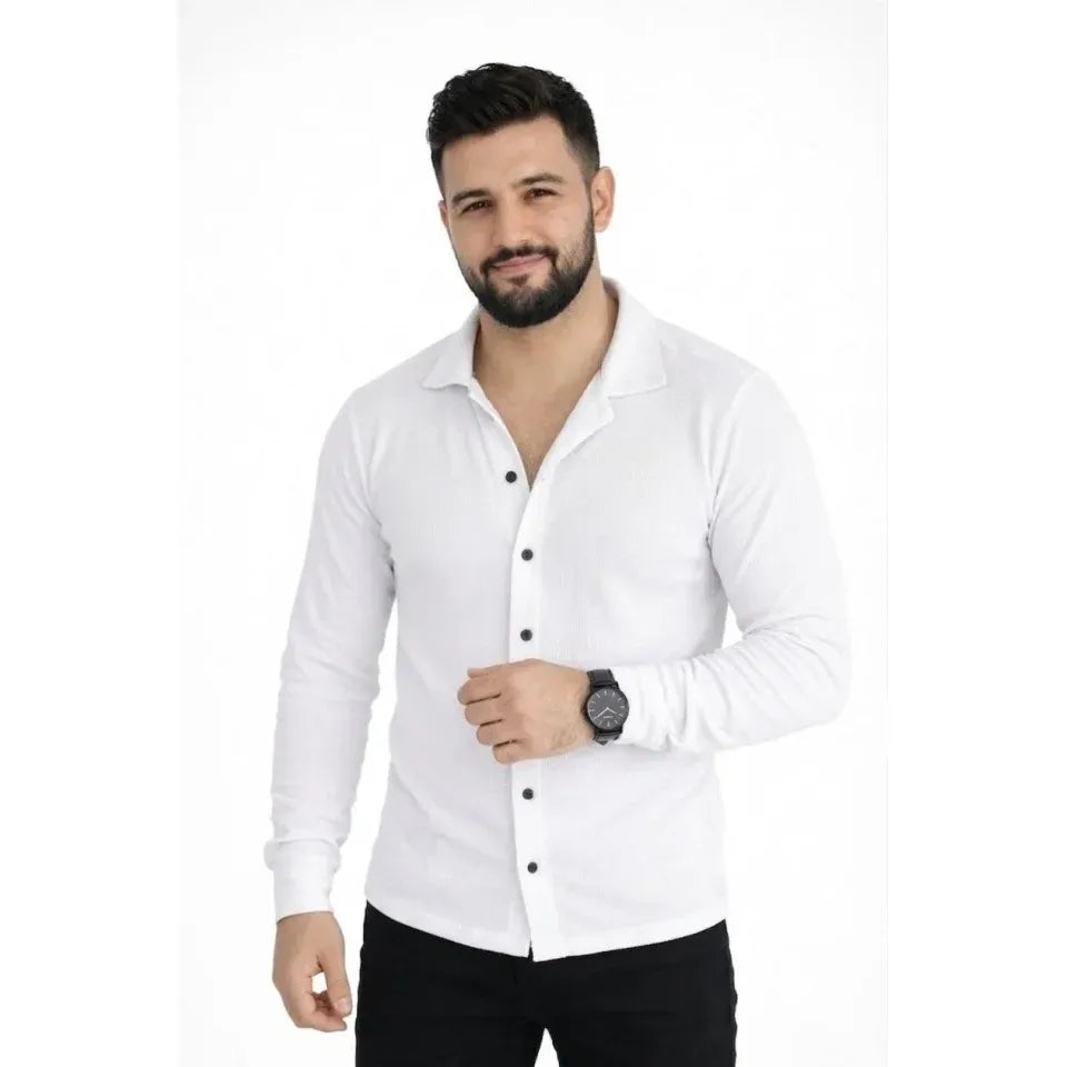 Erkek Waffle Kumaş Uzun Kollu Düğmeli Açık Yaka Regular Fit Gömlek - Beyaz
