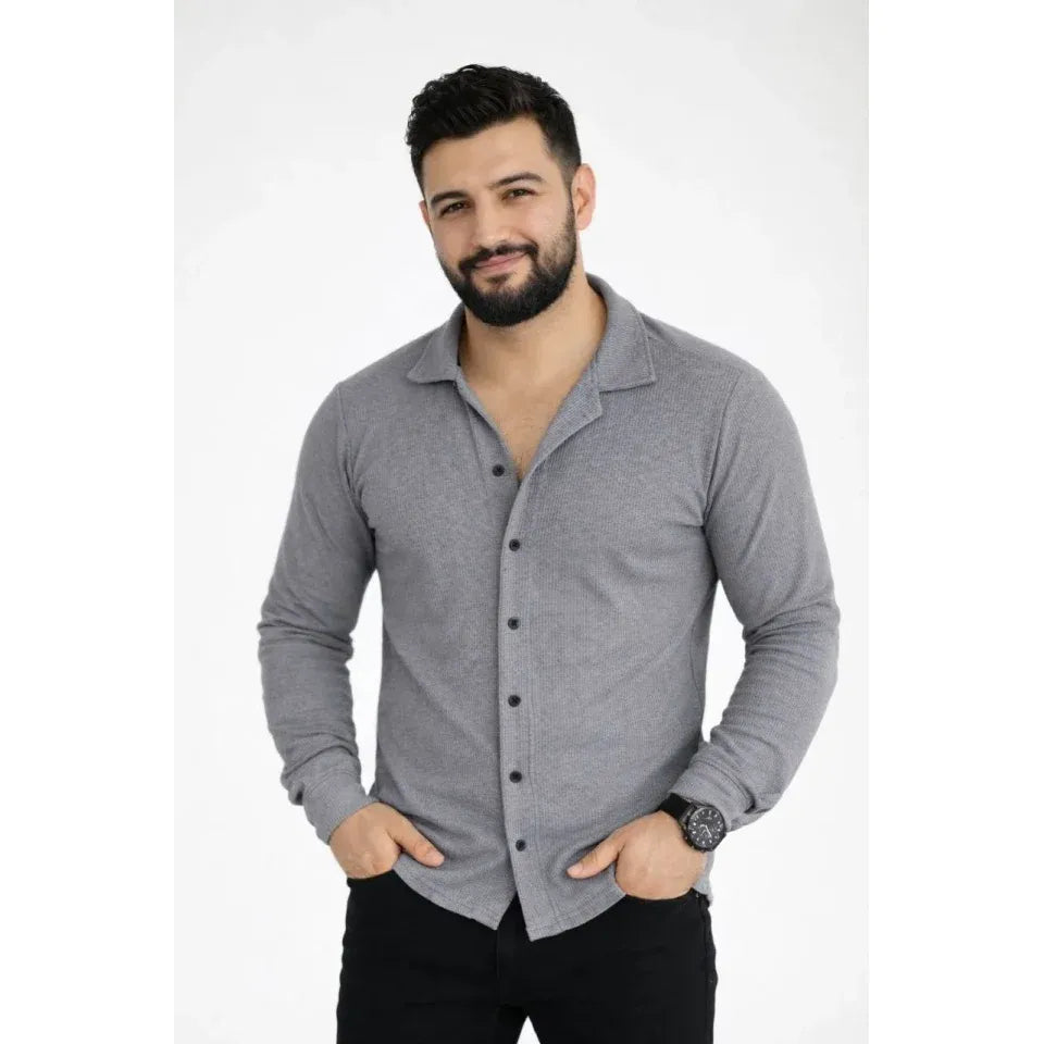 Erkek Waffle Kumaş Uzun Kollu Düğmeli Açık Yaka Regular Fit Gömlek - Füme