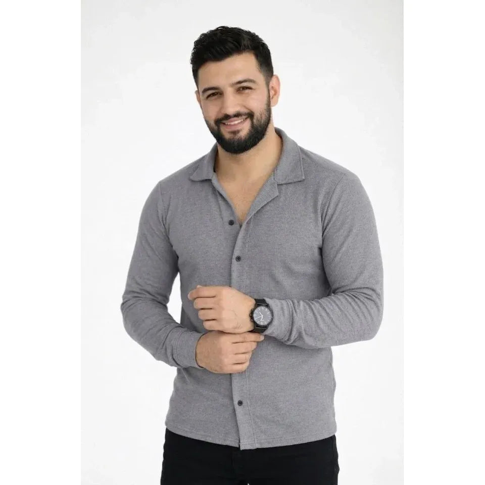Erkek Waffle Kumaş Uzun Kollu Düğmeli Açık Yaka Regular Fit Gömlek - Füme