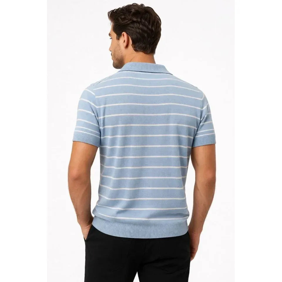 Erkek Triko Polo Yaka Fermuarlı Çizgili Tişört T-Shirt Yazlık Şık - Bebek Mavisi