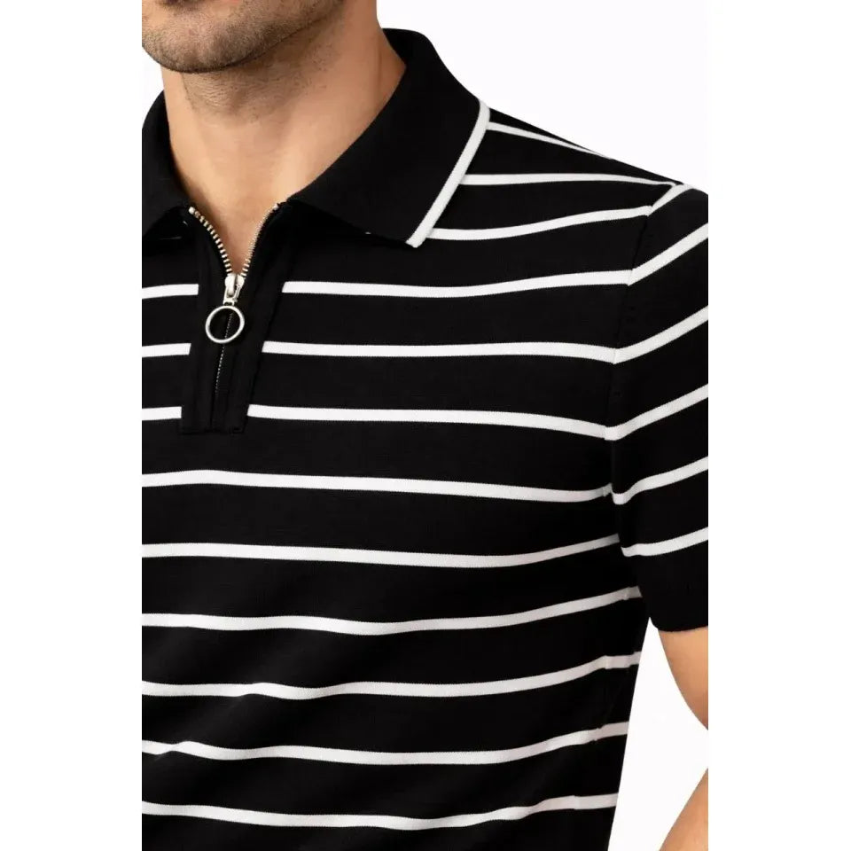 Erkek Triko Polo Yaka Fermuarlı Çizgili Tişört T-Shirt Yazlık Şık - Siyah
