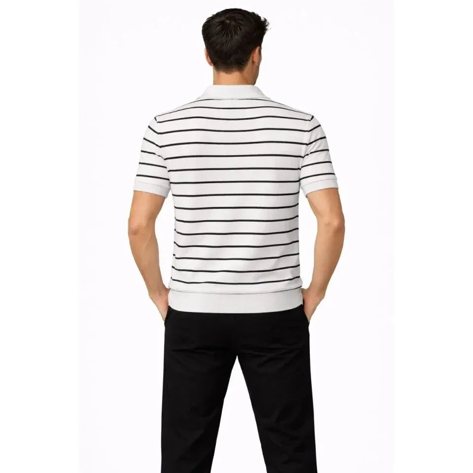 Erkek Triko Polo Yaka Fermuarlı Çizgili Tişört T-Shirt Yazlık Şık - Beyaz