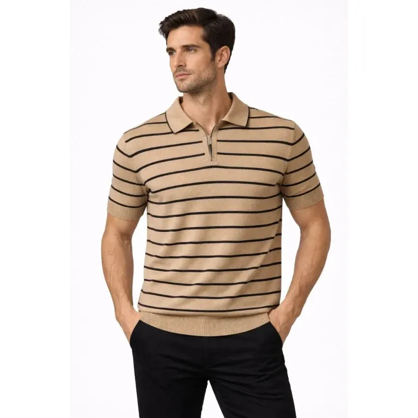 Erkek Triko Polo Yaka Fermuarlı Çizgili Tişört T-Shirt Yazlık Şık - Kahverengi