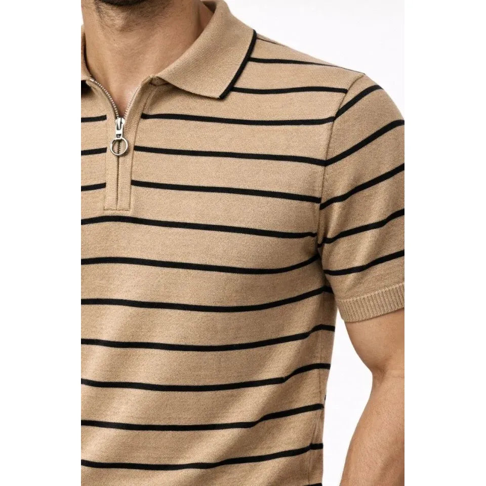 Erkek Triko Polo Yaka Fermuarlı Çizgili Tişört T-Shirt Yazlık Şık - Kahverengi