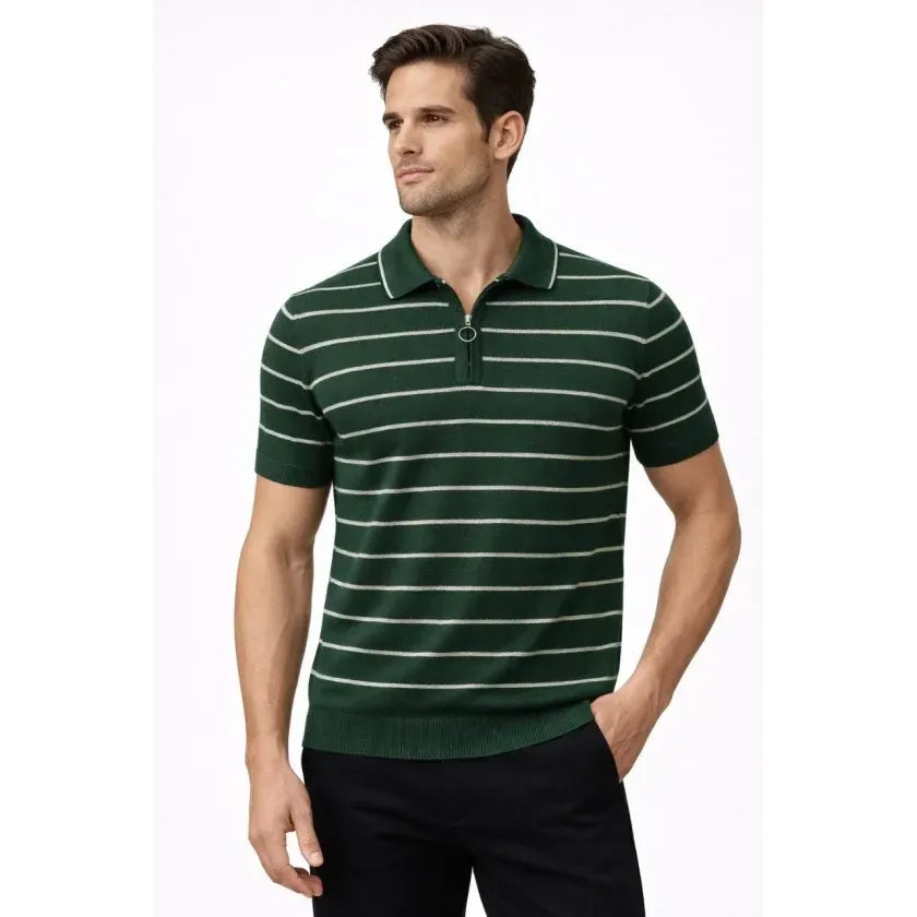 Erkek Triko Polo Yaka Fermuarlı Çizgili Tişört T-Shirt Yazlık Şık - Yeşil