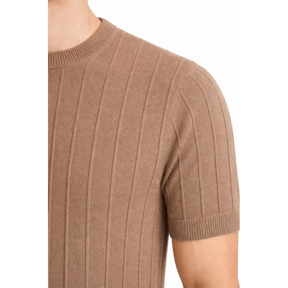 Erkek Yazlık Fitilli Triko Tişört Kısa Kol Bisiklet Yaka T-Shirt - Kahverengi