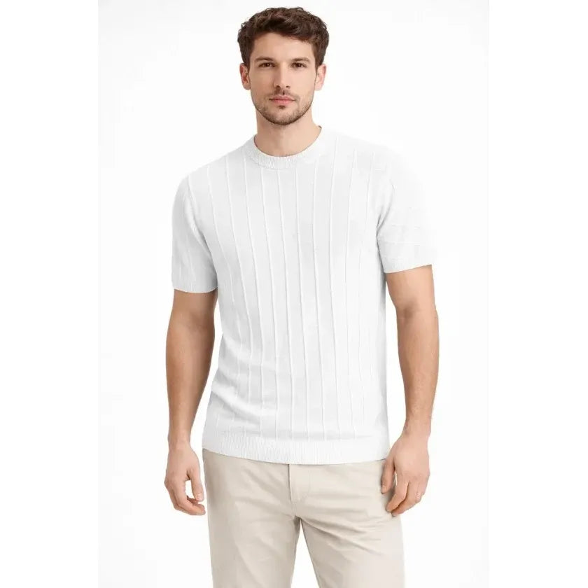 Erkek Yazlık Fitilli Triko Tişört Kısa Kol Bisiklet Yaka T-Shirt - Beyaz