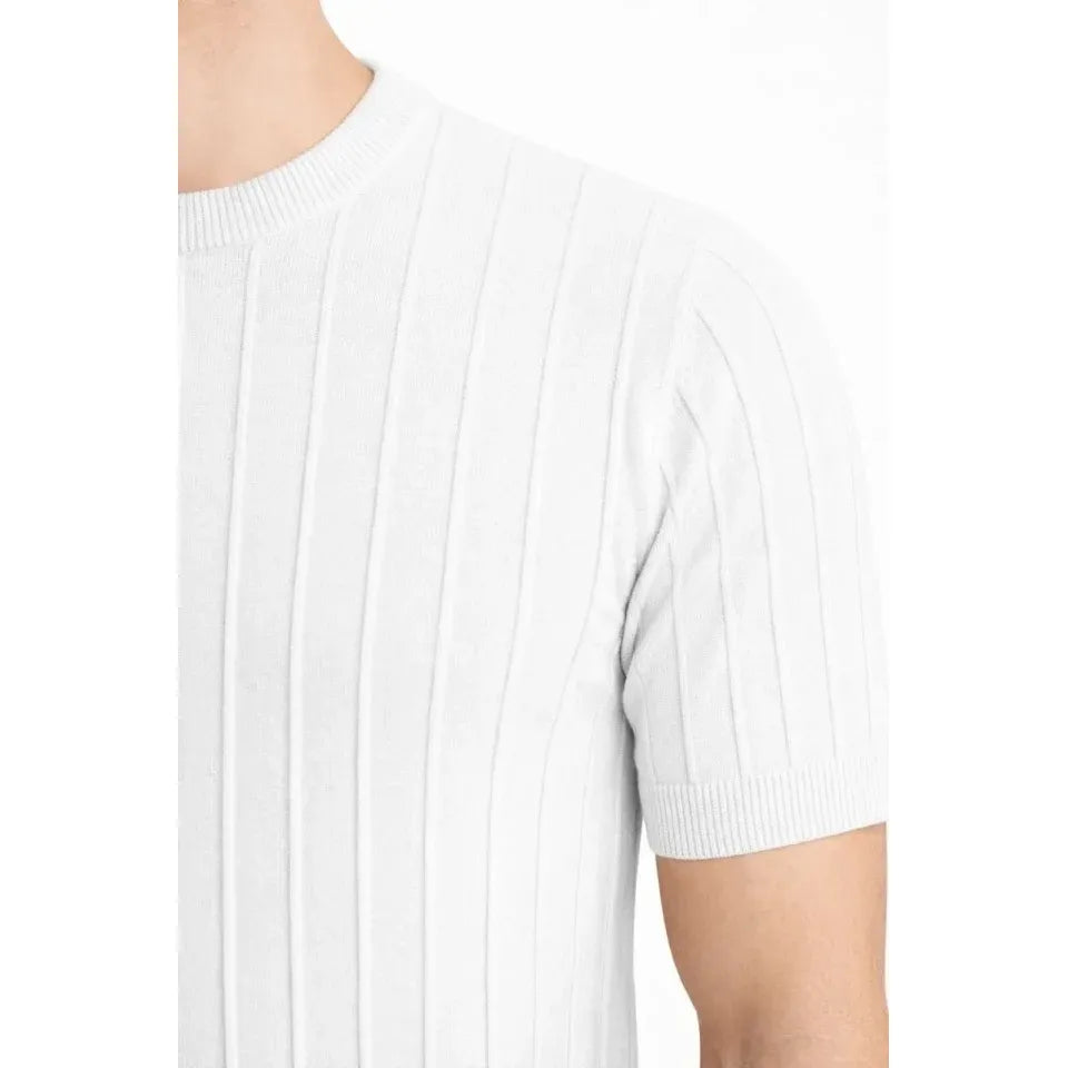 Erkek Yazlık Fitilli Triko Tişört Kısa Kol Bisiklet Yaka T-Shirt - Beyaz