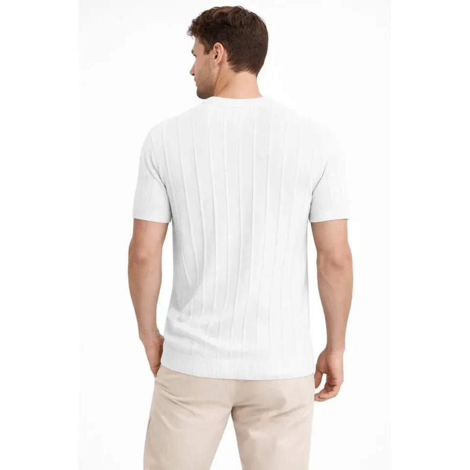 Erkek Yazlık Fitilli Triko Tişört Kısa Kol Bisiklet Yaka T-Shirt - Beyaz