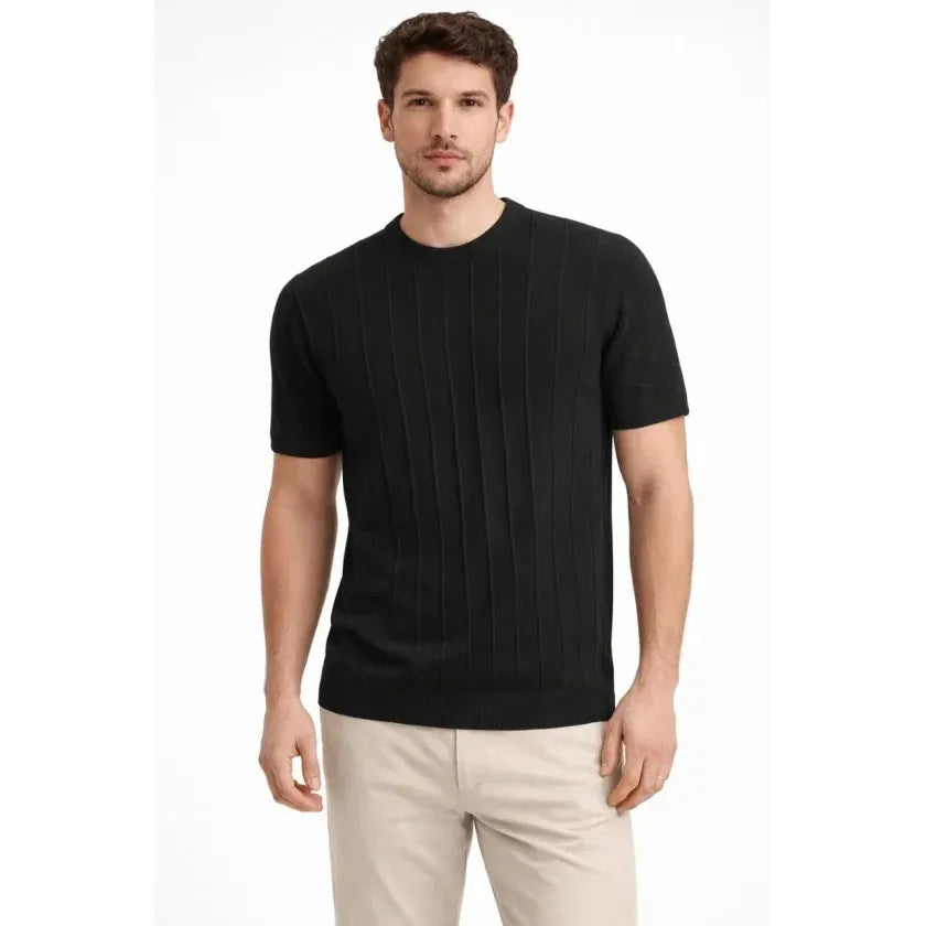 Erkek Yazlık Fitilli Triko Tişört Kısa Kol Bisiklet Yaka T-Shirt - Siyah