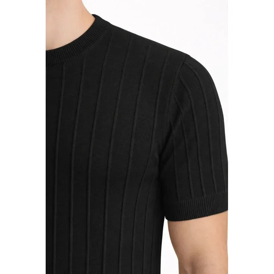 Erkek Yazlık Fitilli Triko Tişört Kısa Kol Bisiklet Yaka T-Shirt - Siyah