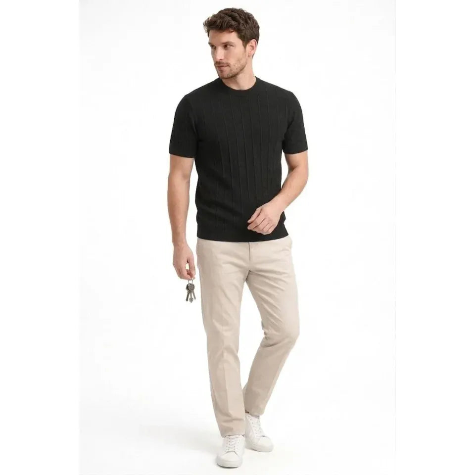 Erkek Yazlık Fitilli Triko Tişört Kısa Kol Bisiklet Yaka T-Shirt - Siyah