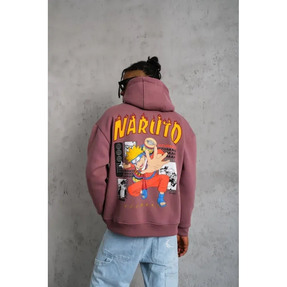 Erkek 3 İplik Pamuklu Kapüşonlu Baskılı Cepli Oversize Sweatshirt Hoodie - Gül Kurusu