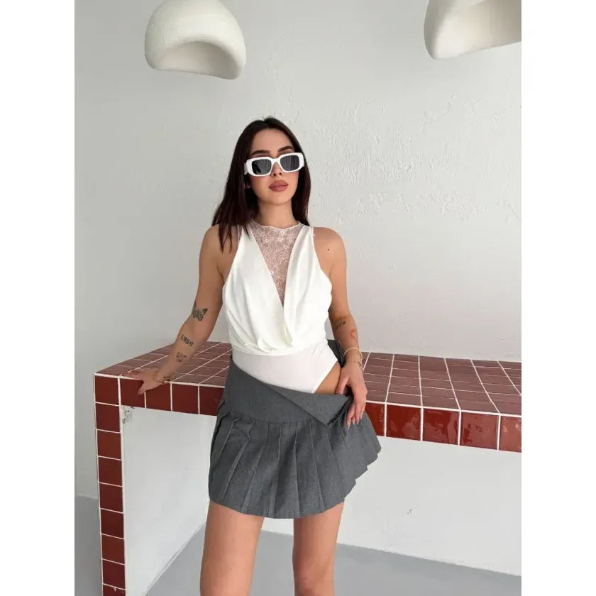 Dantel Detaylı Derin Dekolte Body Şık Kolsuz Yazlık Bodysuit - Beyaz
