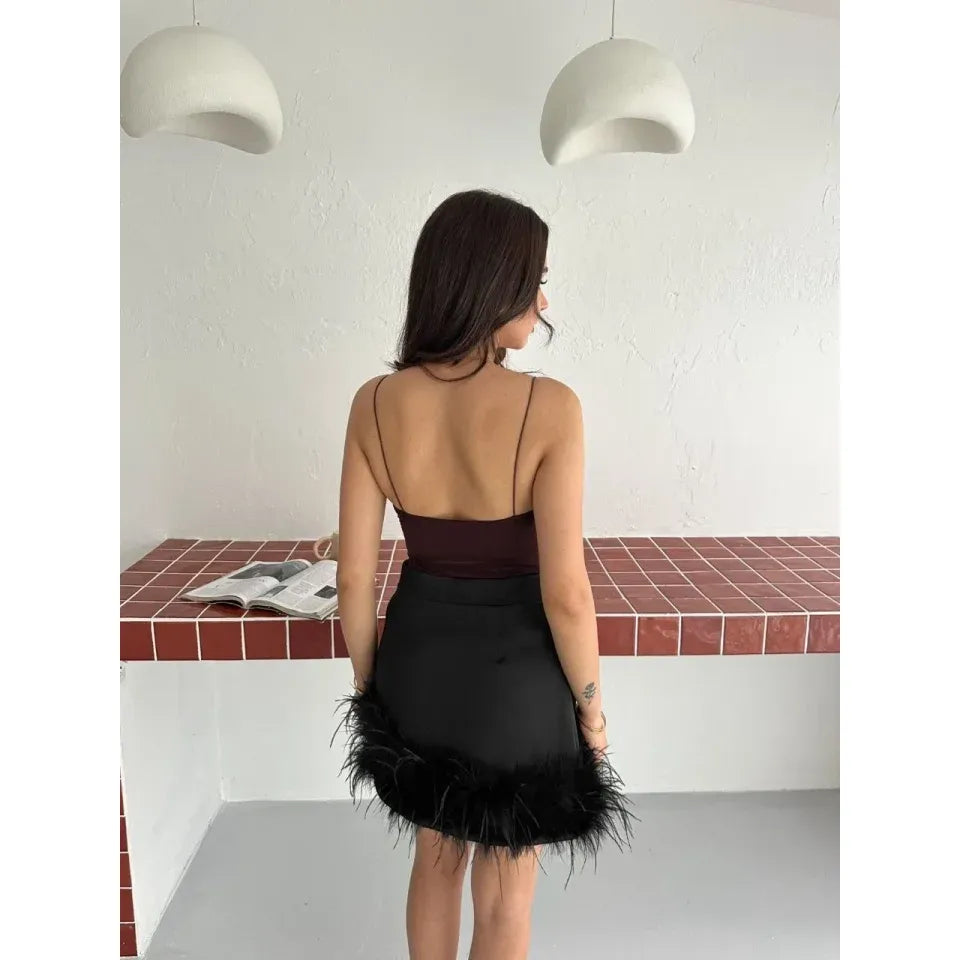 Derin Dekolte Askılı Body Sırt Dekolteli Şık Kolsuz Yazlık Bodysuit - Kahverengi
