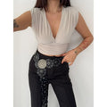 Vatkalı Kolsuz V Yaka Drapeli Crop Bluz Likralı Fit - Boyalı Gri