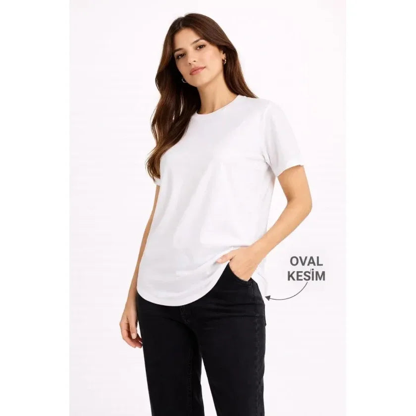 Basic T-Shirt Kısa Kol Bisiklet Yaka Oval Kesim Tişört - Beyaz