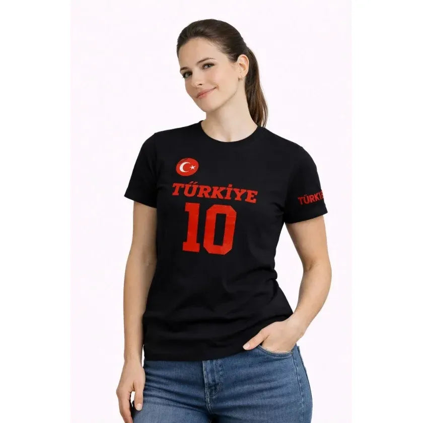TÜRKİYE Ay Yıldız Baskılı 10 Numara Forma Tişört Taraftar T-Shirt - Siyah