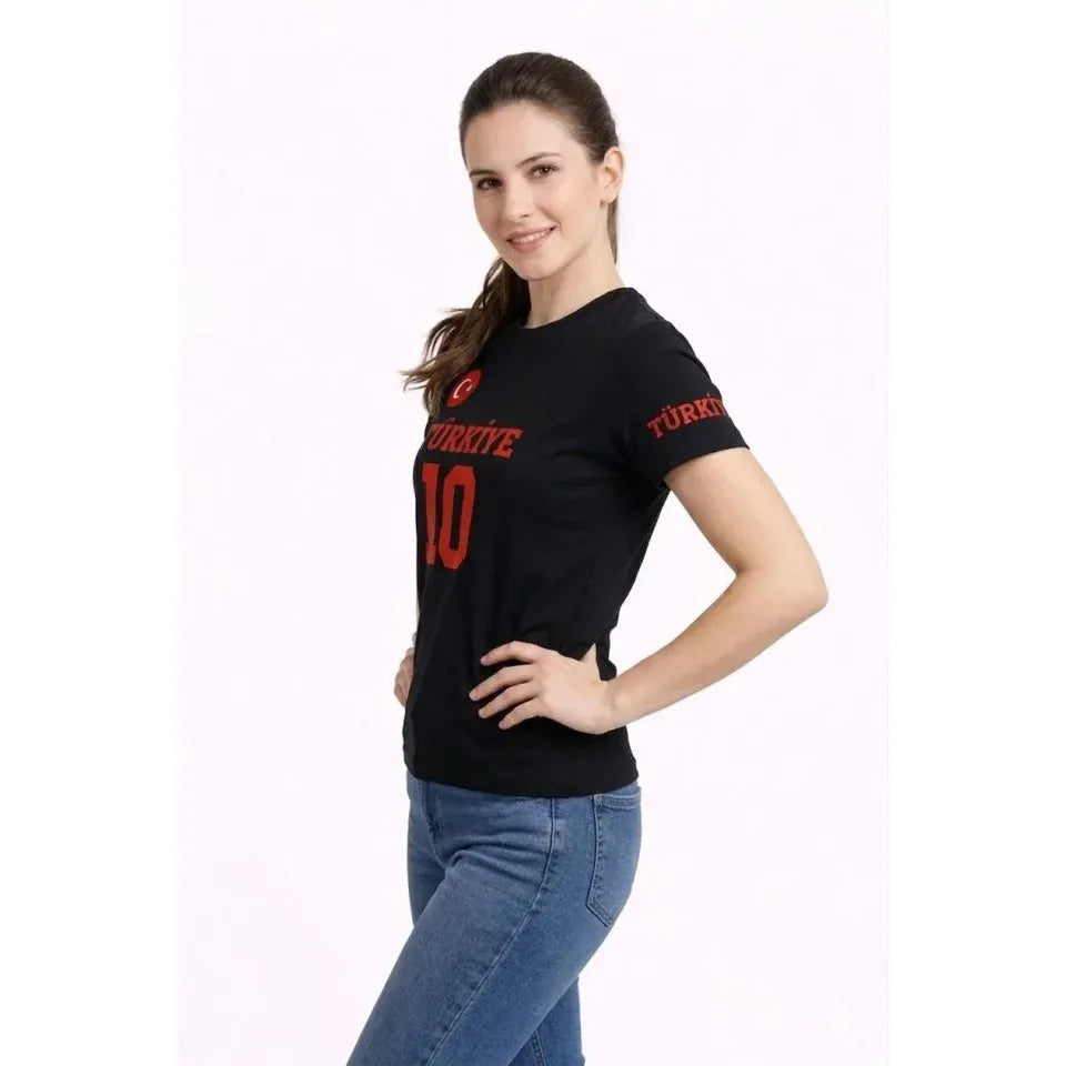 TÜRKİYE Ay Yıldız Baskılı 10 Numara Forma Tişört Taraftar T-Shirt - Siyah