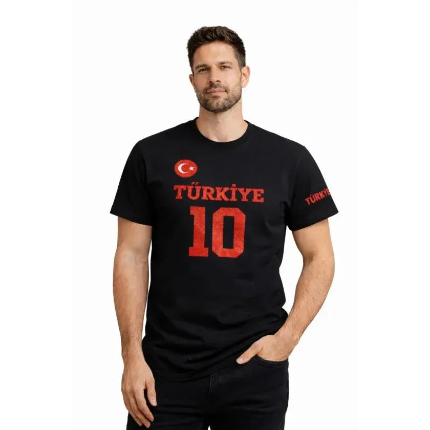 Erkek TÜRKİYE Ay Yıldız Baskılı 10 Numara Forma Tişört Taraftar T-Shirt - Siyah