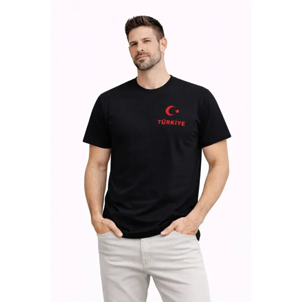 Erkek TÜRKİYE Ay Yıldız Baskılı Taraftar Forma T-Shirt - Siyah