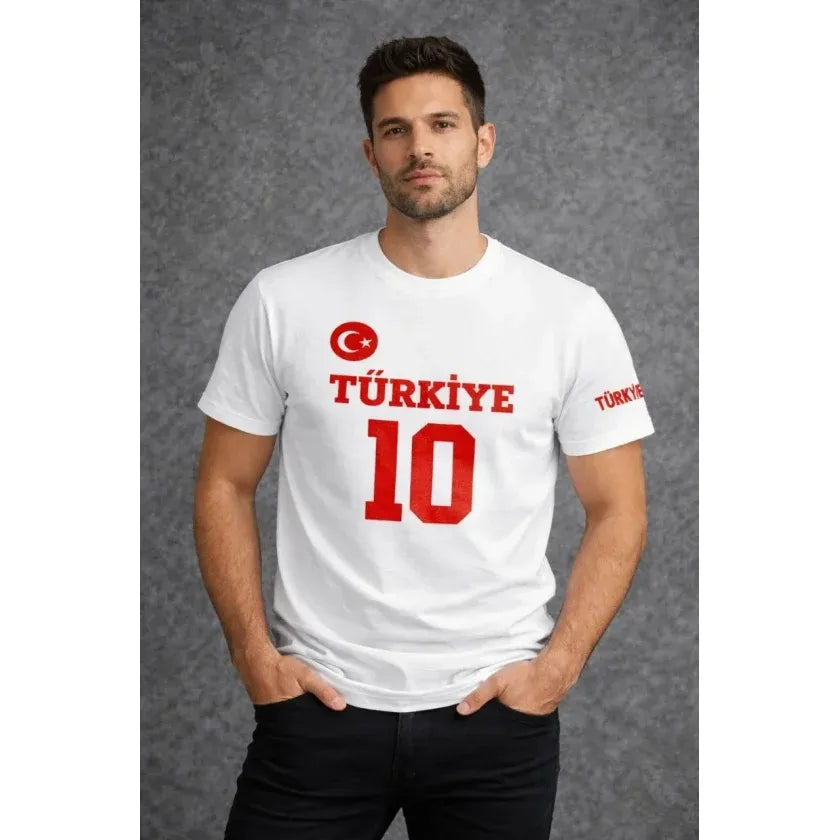 Erkek TÜRKİYE Ay Yıldız Baskılı 10 Numara Forma Tişört Taraftar T-Shirt - Beyaz
