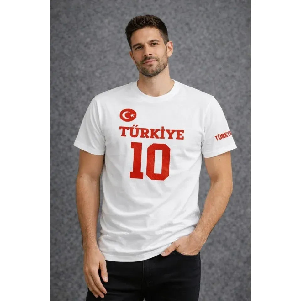 Erkek TÜRKİYE Ay Yıldız Baskılı 10 Numara Forma Tişört Taraftar T-Shirt - Beyaz