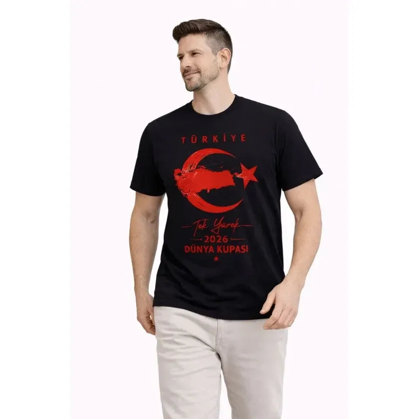 Erkek TÜRKİYE Ay Yıldız Baskılı Taraftar Forma T-Shirt - Siyah