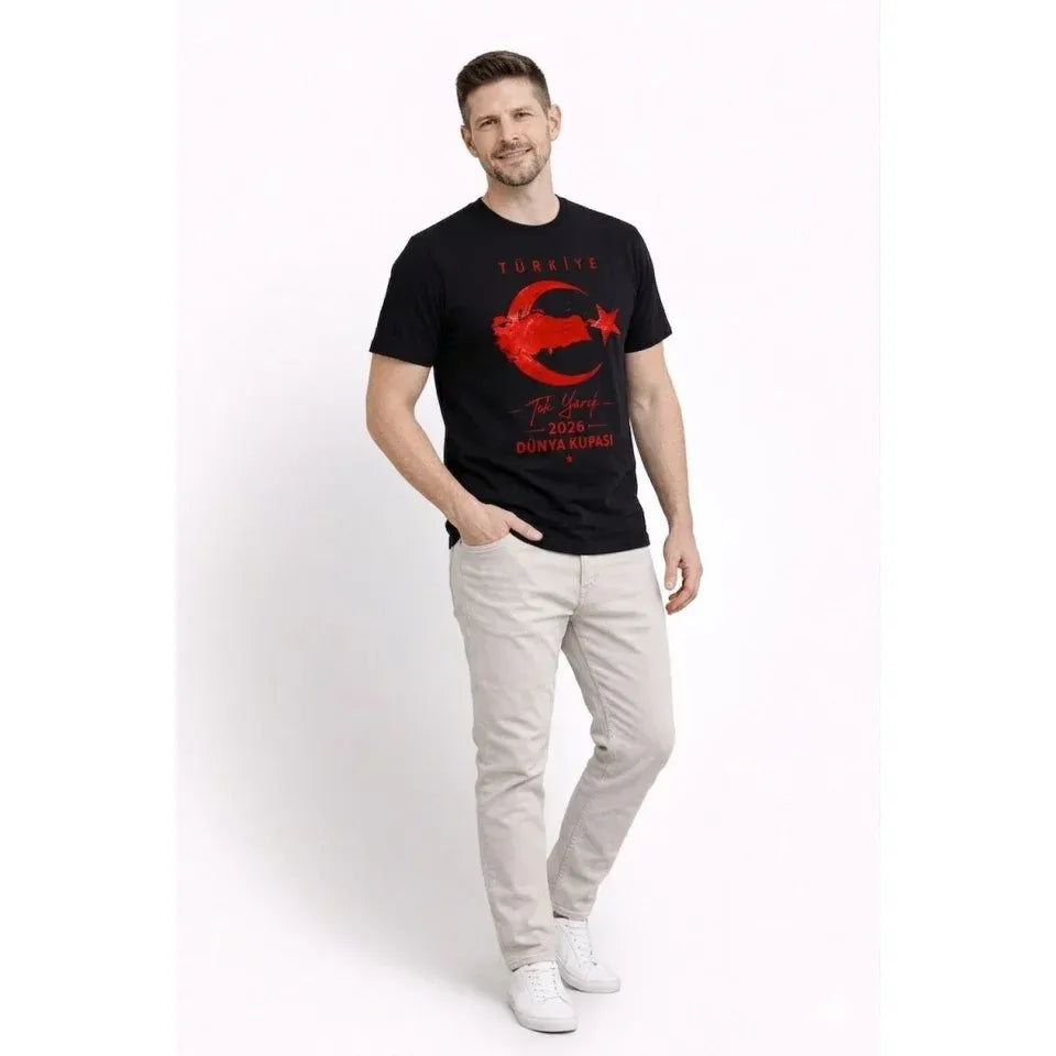 Erkek TÜRKİYE Ay Yıldız Baskılı Taraftar Forma T-Shirt - Siyah