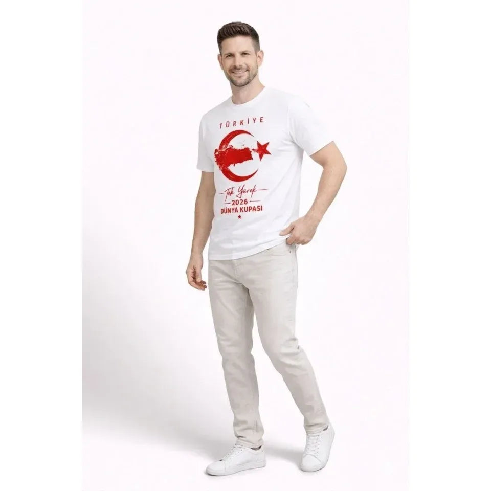 Erkek TÜRKİYE Ay Yıldız Baskılı Taraftar Forma T-Shirt - Beyaz
