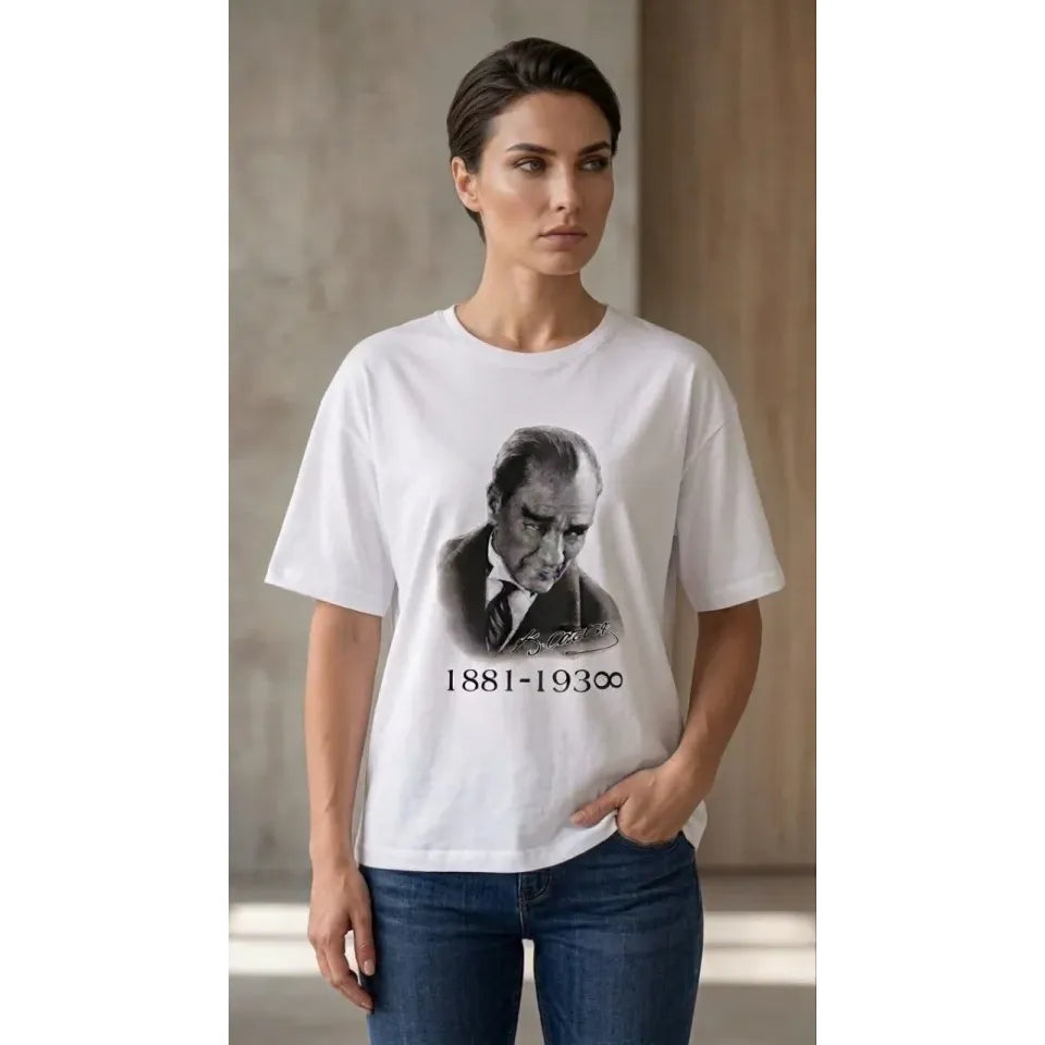Atatürk Baskılı Tişört Kısa Kollu Bisiklet Yaka T-Shirt - Beyaz