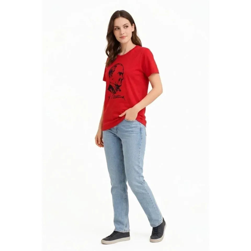 Atatürk Baskılı Tişört Kısa Kollu Bisiklet Yaka  T-Shirt - Kırmızı