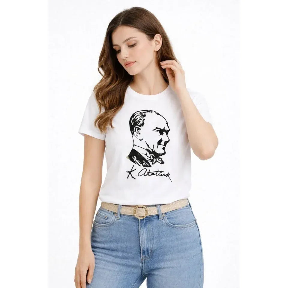 Atatürk Baskılı Tişört Kısa Kollu Bisiklet Yaka T-Shirt - Beyaz