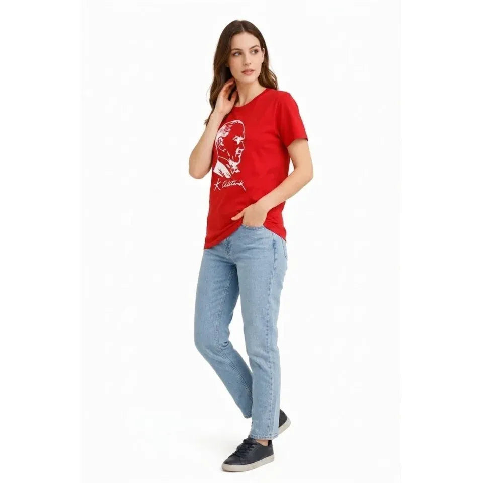 Atatürk Baskılı Tişört Kısa Kollu Bisiklet Yaka  T-Shirt - Kırmızı